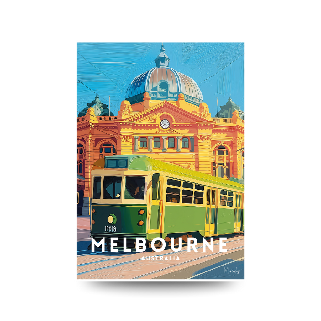 Colorful illustration of a Melbourne tram in front of a Flinder's Street Station with 'Melbourne Australia' text.