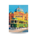 Colorful illustration of a Melbourne tram in front of a Flinder's Street Station with 'Melbourne Australia' text.