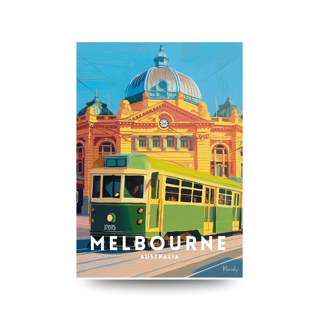 Colorful illustration of a Melbourne tram in front of a Flinder's Street Station with 'Melbourne Australia' text.