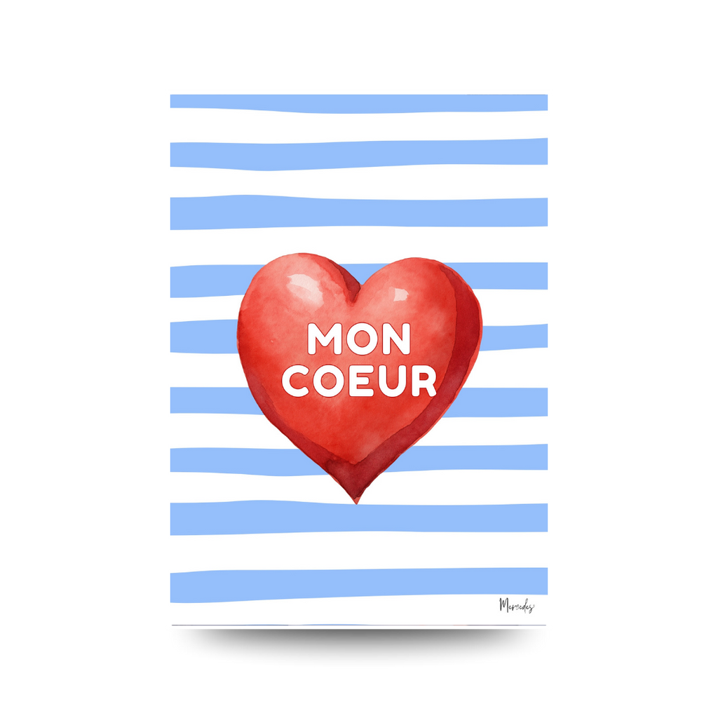 Red heart with 'MON COEUR' text on a blue and white striped background