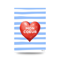 Red heart with 'MON COEUR' text on a blue and white striped background