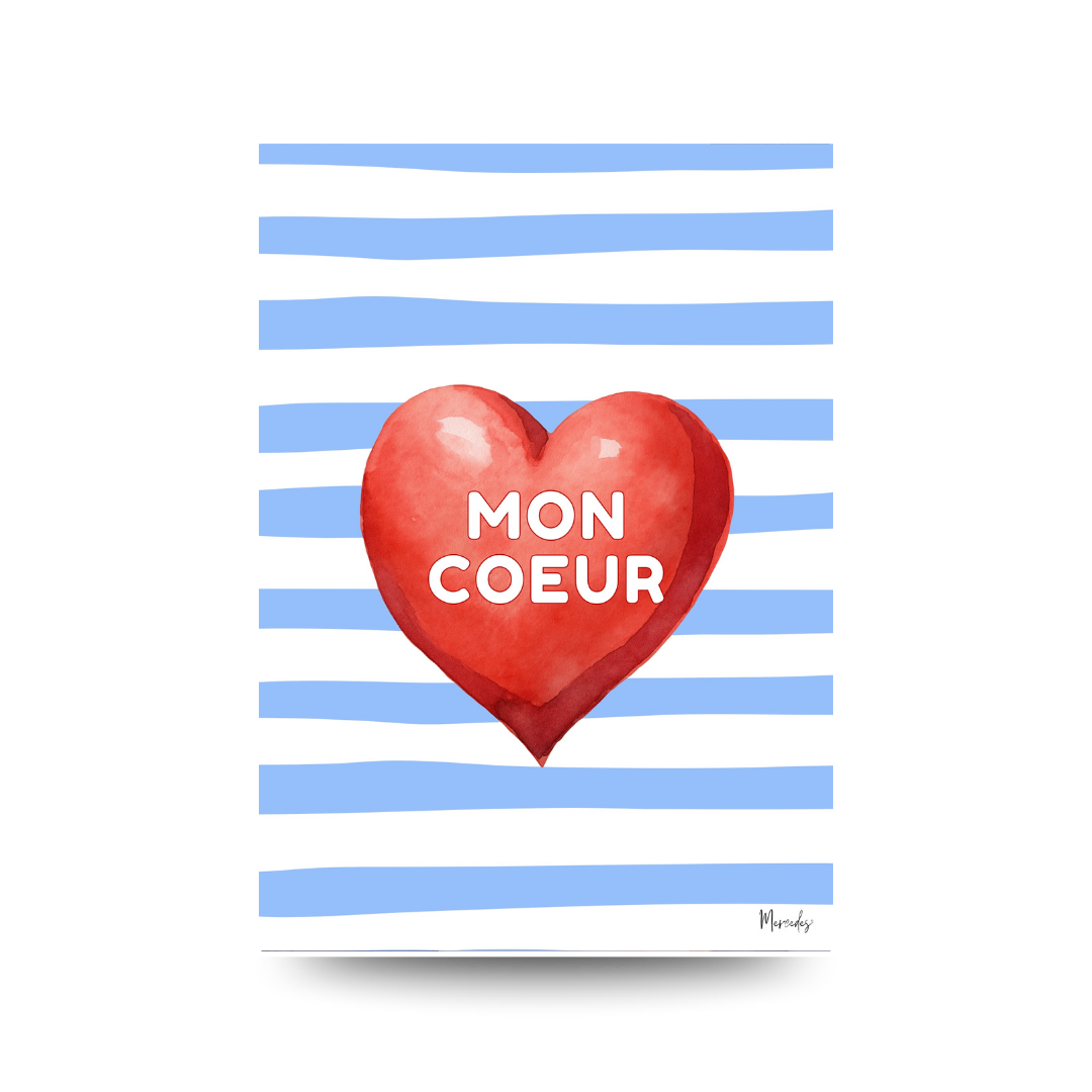 Red heart with 'MON COEUR' text on a blue and white striped background