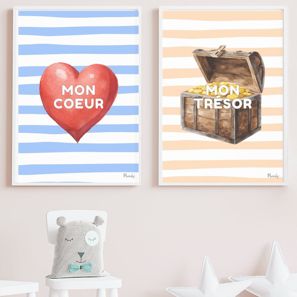 'Mon Coeur' and 'Mon Trésor' framed artworks on a wall, accompanied by decorative items.