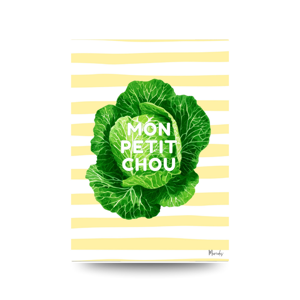 Illustrated print of a green cabbage on a yellow and white stripe background, text reads "MON PETIT CHOU".