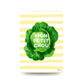 Illustrated print of a green cabbage on a yellow and white stripe background, text reads "MON PETIT CHOU".