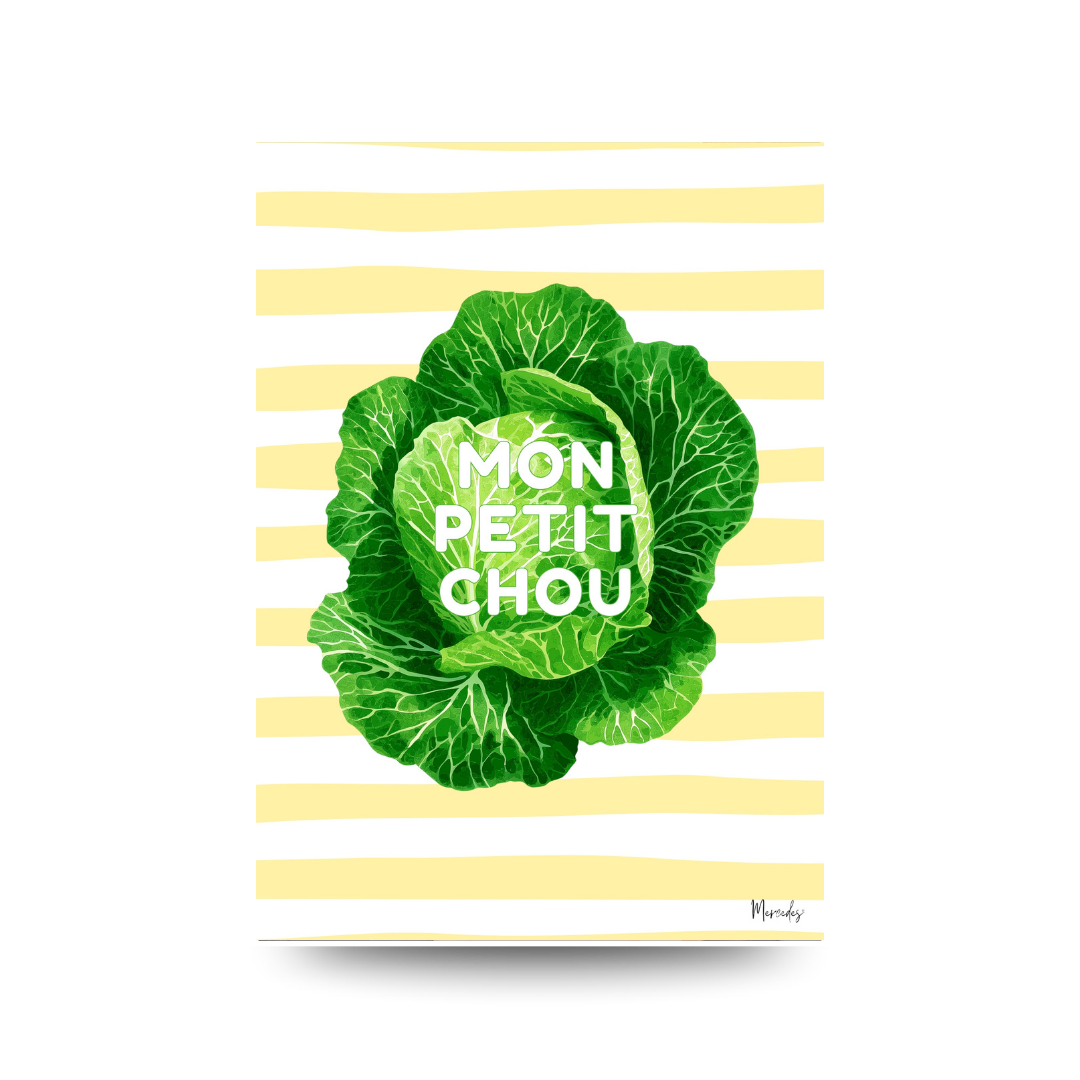 Illustrated print of a green cabbage on a yellow and white stripe background, text reads "MON PETIT CHOU".