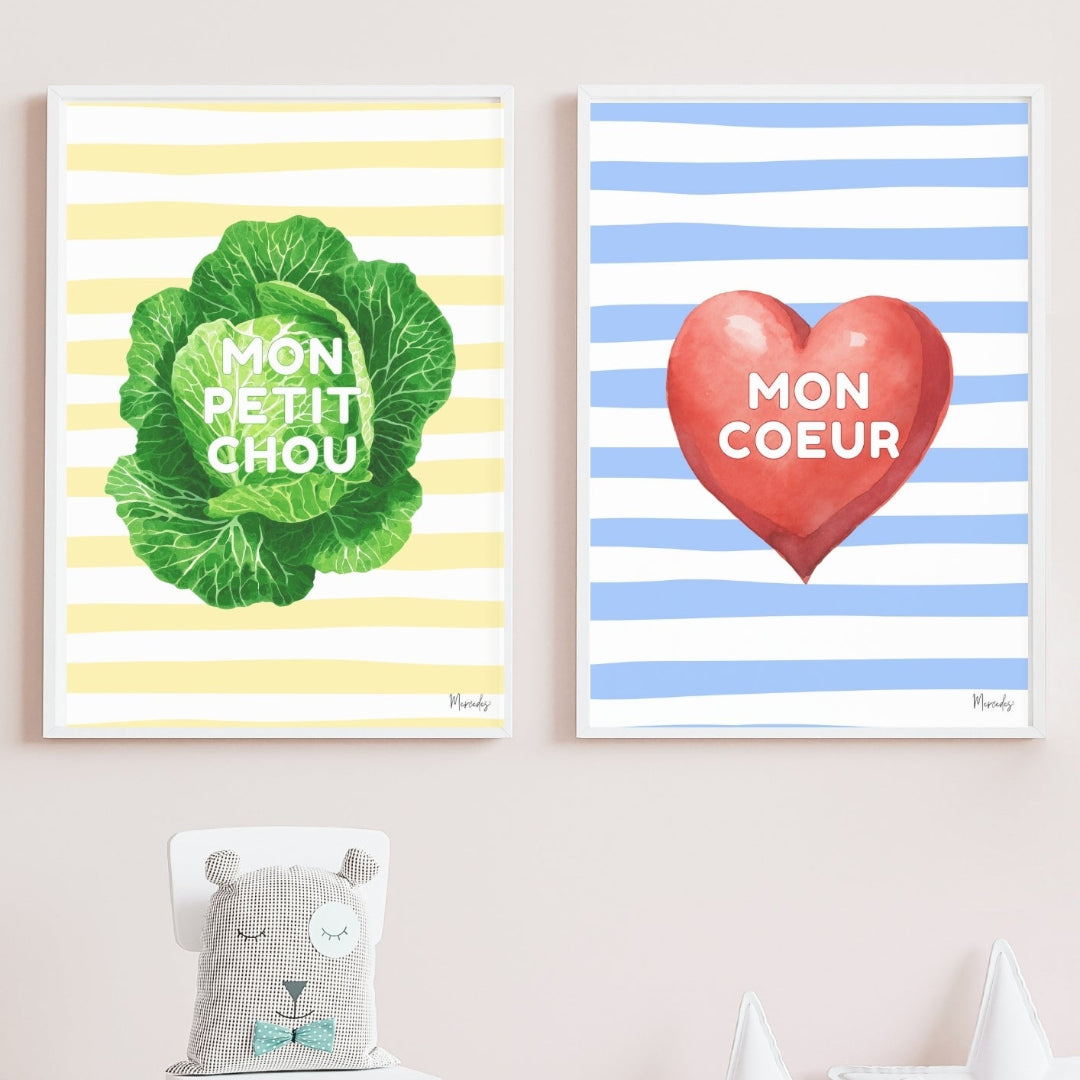 'Mon Petit Chou' and 'Mon Coeur' on a wall with a small stool and decorative items below.