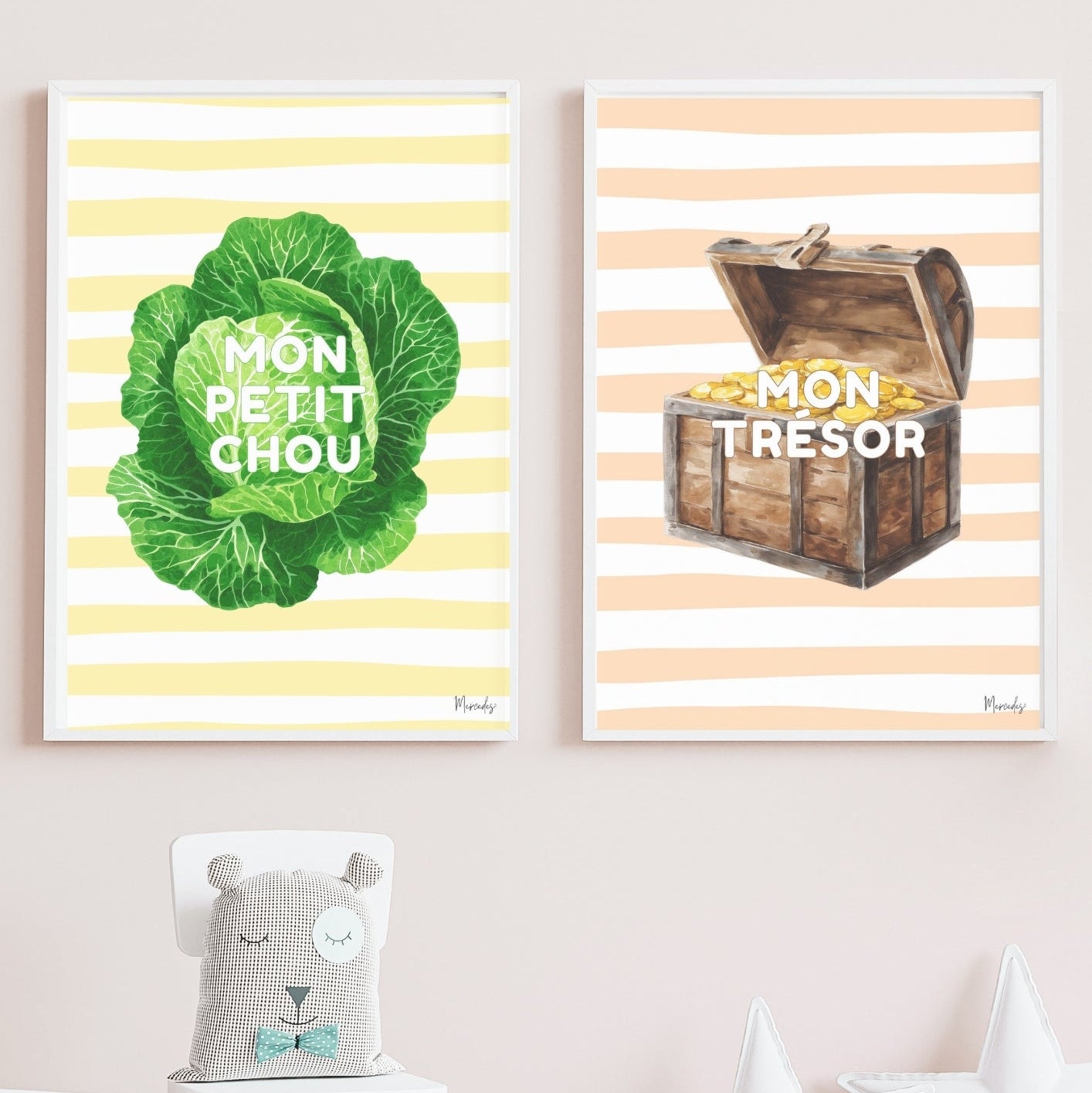 'Mon Petit Chou' and 'Mon Trésor' framed prints on a wall with a child's chair and decorative items below.