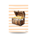 Illustrated print of an open wooden treasure chest filled with gold coins on a peach and white stripe background, text reads "MON TRÉSOR".