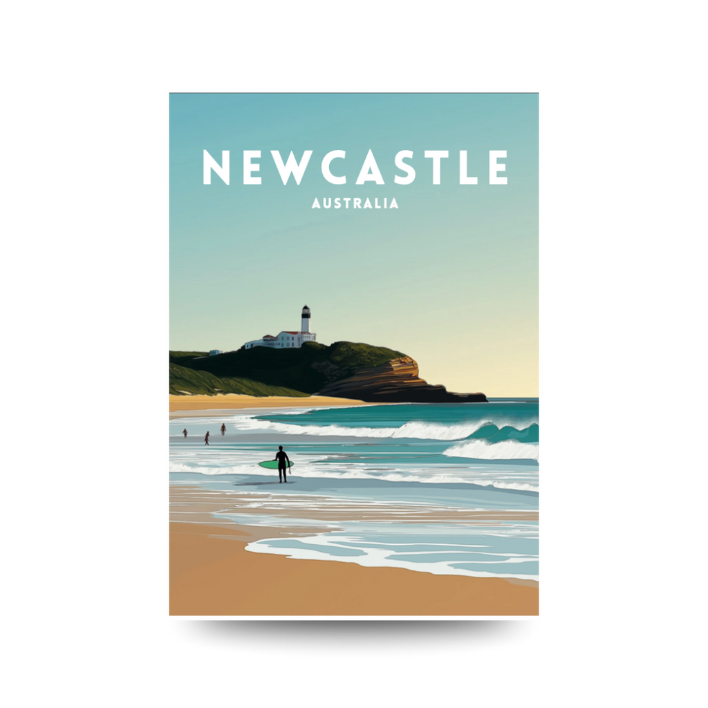 Poster of Newcastle, Australia with a beach and lighthouse illustration.