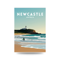 Poster of Newcastle, Australia with a beach and lighthouse illustration.