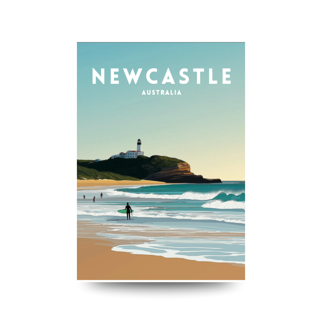 Poster of Newcastle, Australia with a beach and lighthouse illustration.