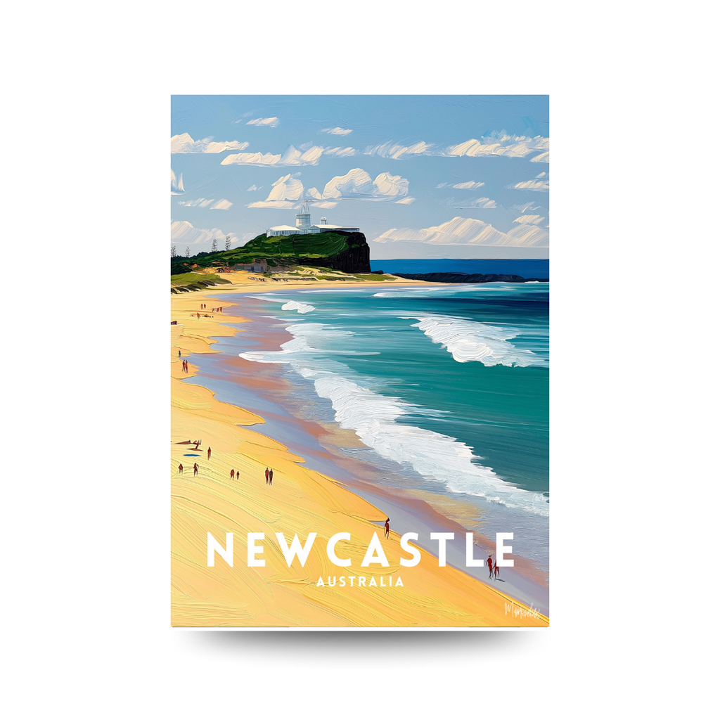 Illustrated travel poster of Newcastle Beach with golden sand, rolling surf and Nobby's Head lighthouse on the headland in the distance, text reads "NEWCASTLE AUSTRALIA".