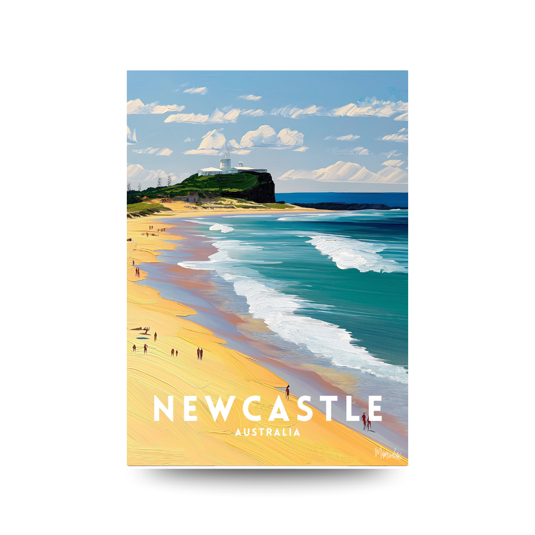 Illustrated travel poster of Newcastle Beach with golden sand, rolling surf and Nobby's Head lighthouse on the headland in the distance, text reads "NEWCASTLE AUSTRALIA".