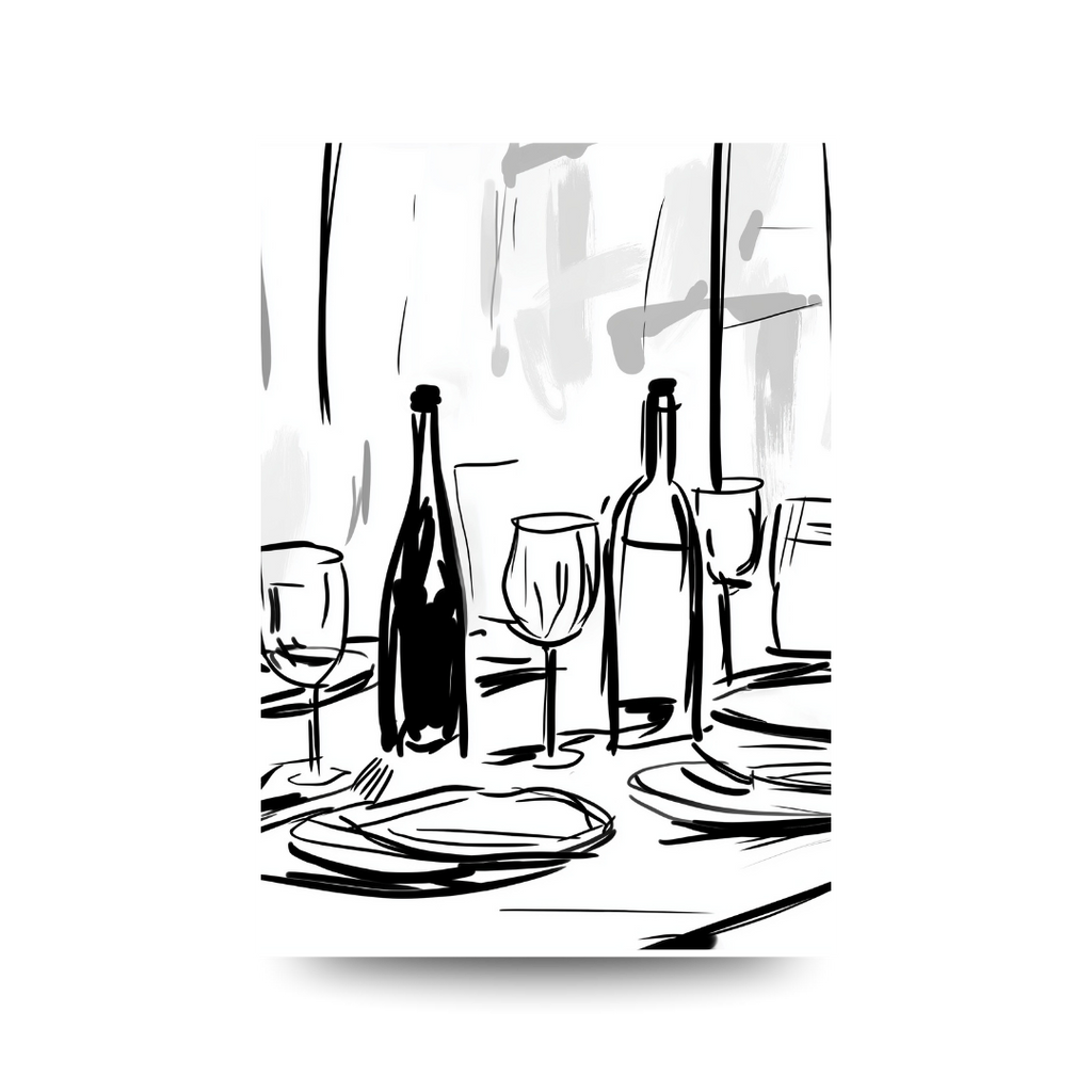 Black and white illustration of a dining table setting with wine bottles and glasses.