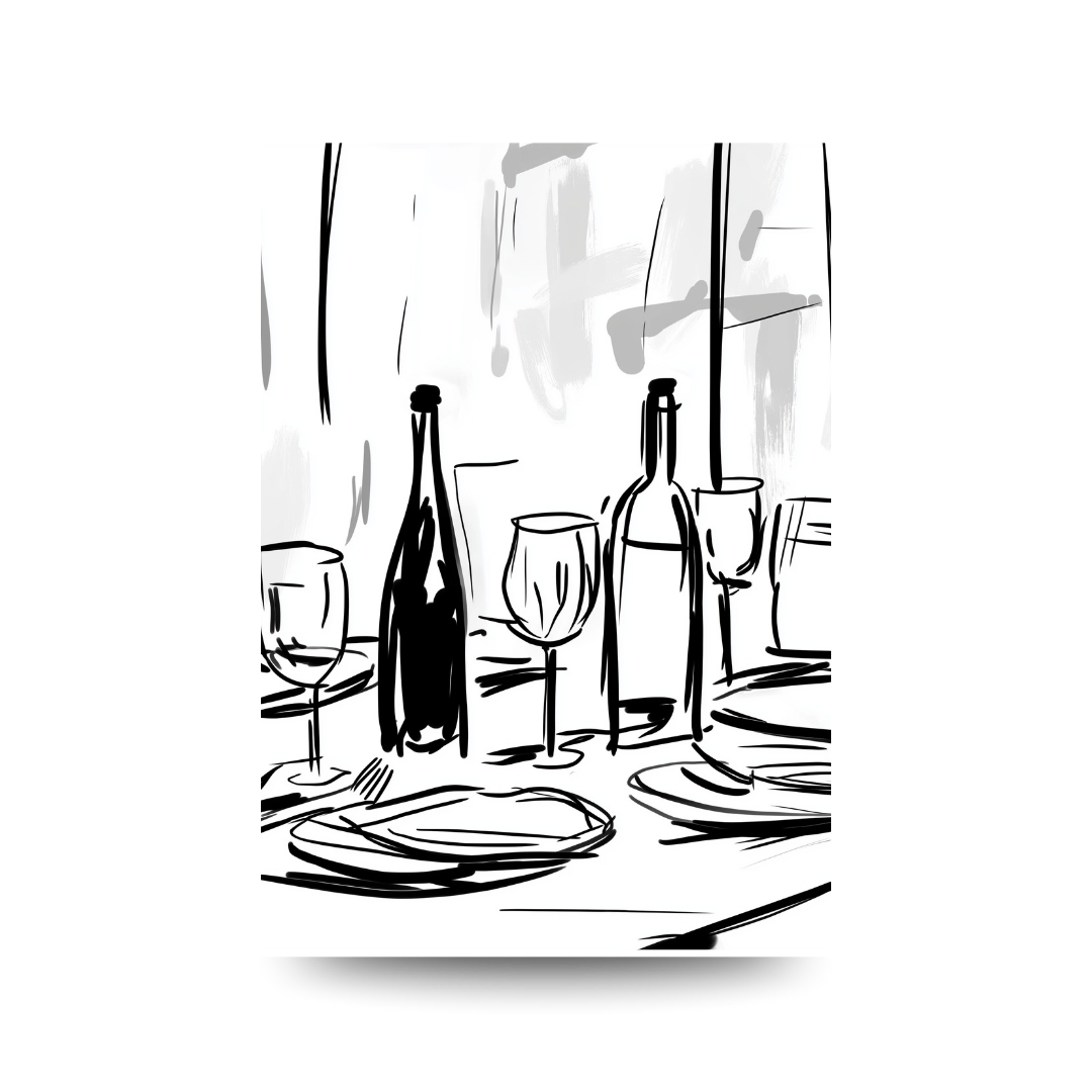 Black and white illustration of a dining table setting with wine bottles and glasses.
