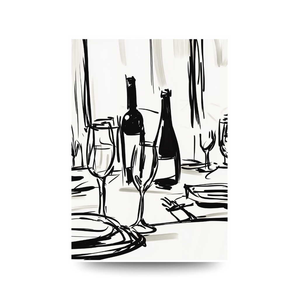 Black and white illustration of a dining table with wine bottles and glasses.