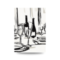 Black and white illustration of a dining table with wine bottles and glasses.