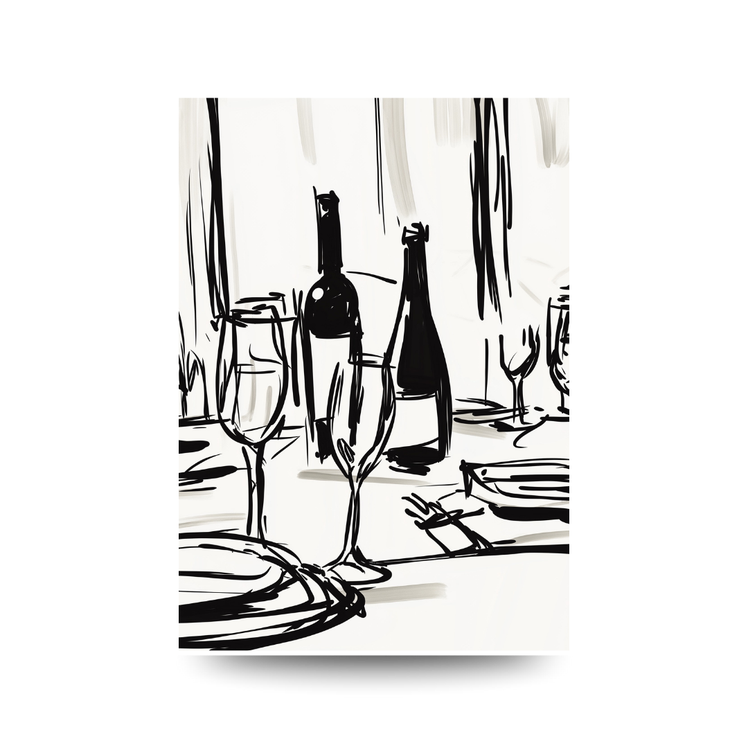 Black and white illustration of a dining table with wine bottles and glasses.