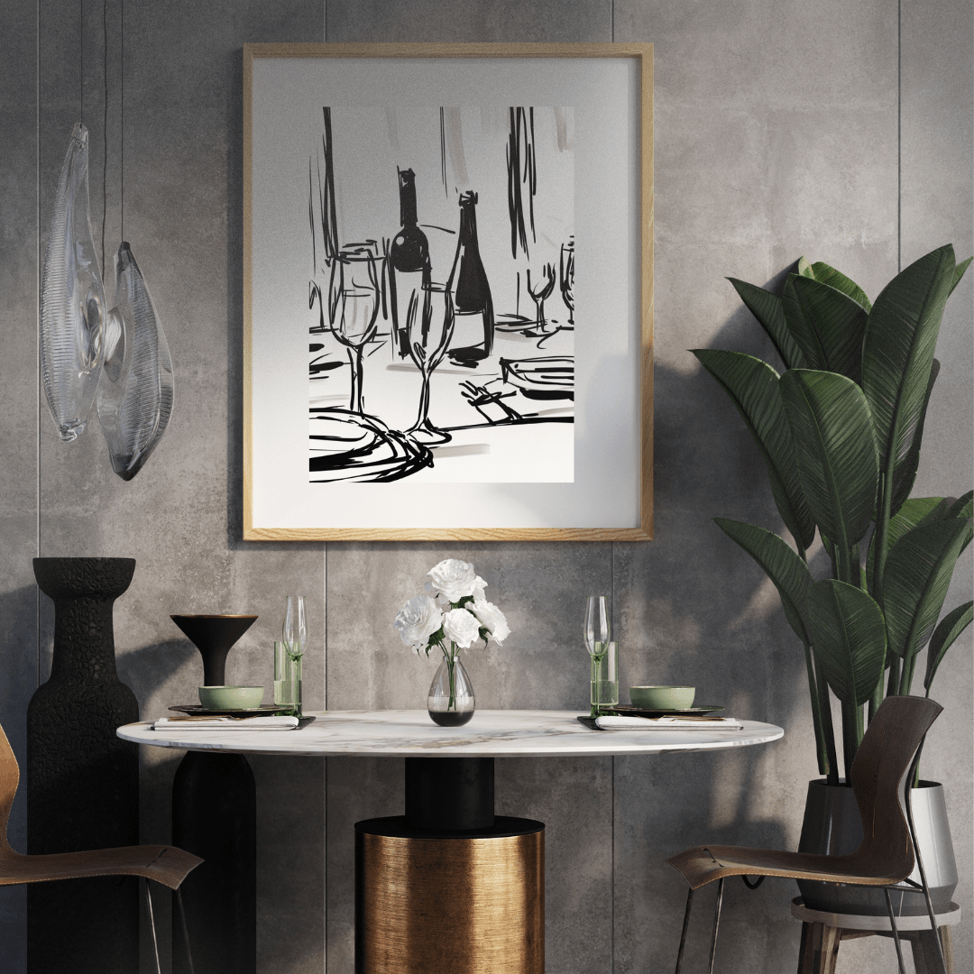 Dining room with marble table, chairs, and abstract art on the wall.