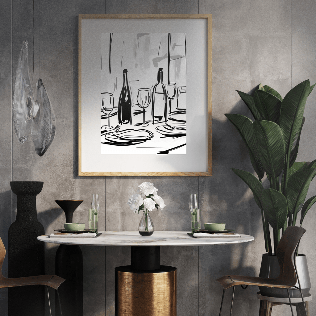 Dining room with a framed black and white abstract art piece on the wall, table setting, and plant.