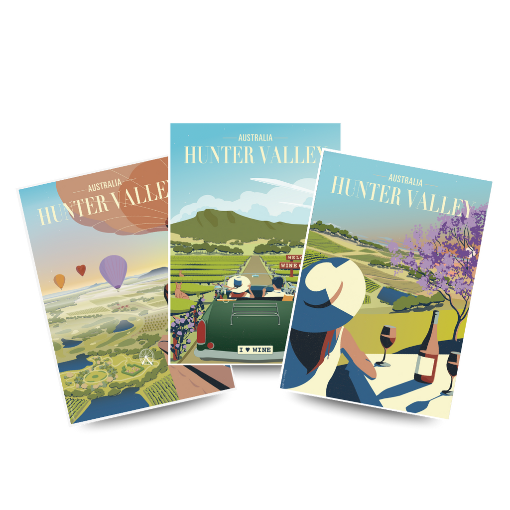 Three illustrated posters from the "Perfect Day" series about the Hunter Valley, Australia