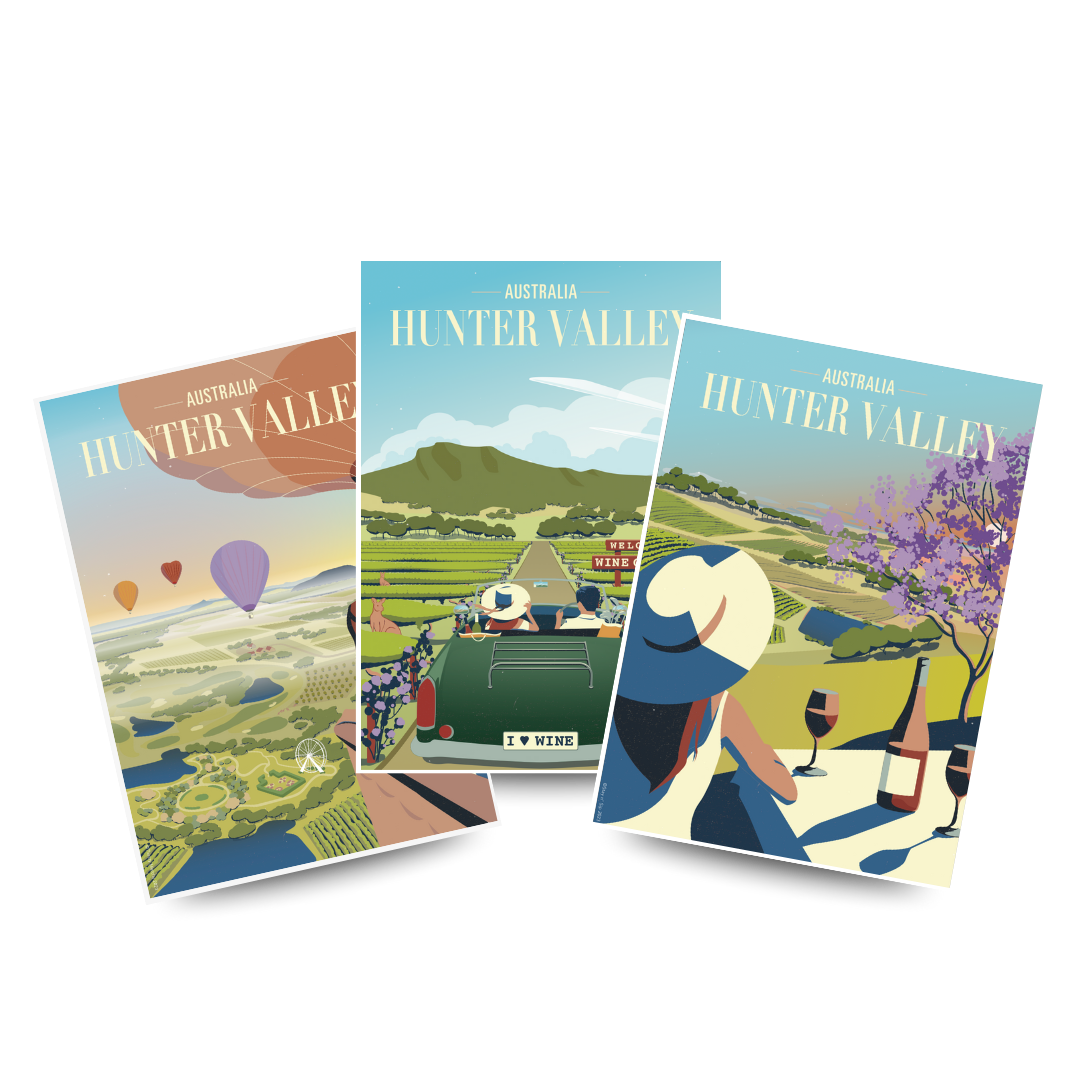 Three illustrated posters from the "Perfect Day" series about the Hunter Valley, Australia