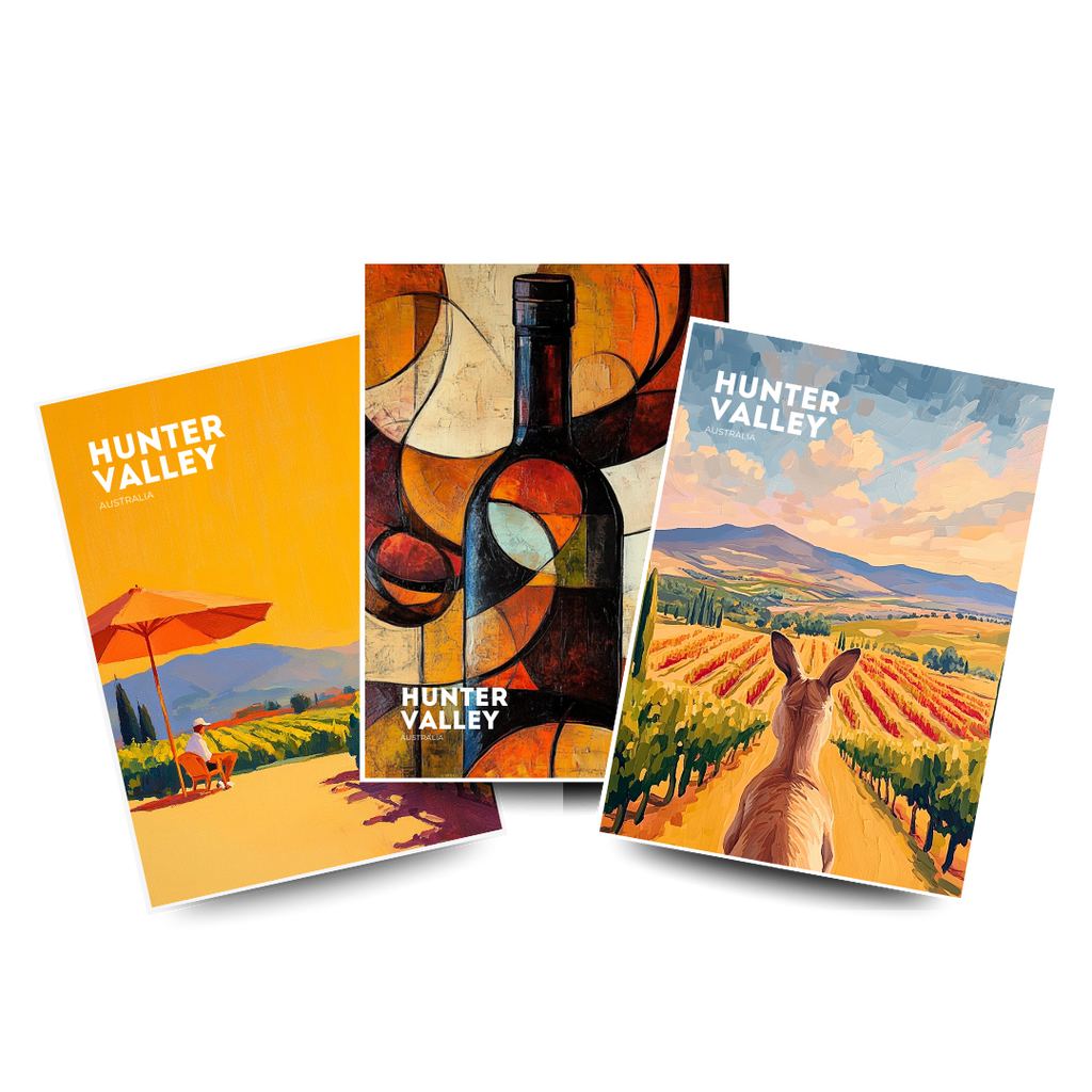 Three warm posters for Hunter Valley featuring vineyards, a bottle of wine, and a kangaroo.