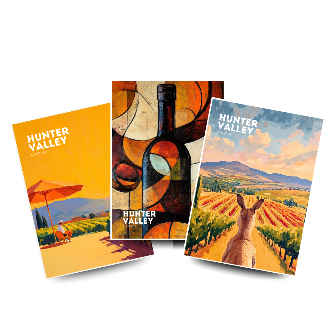 Three warm posters for Hunter Valley featuring vineyards, a bottle of wine, and a kangaroo.