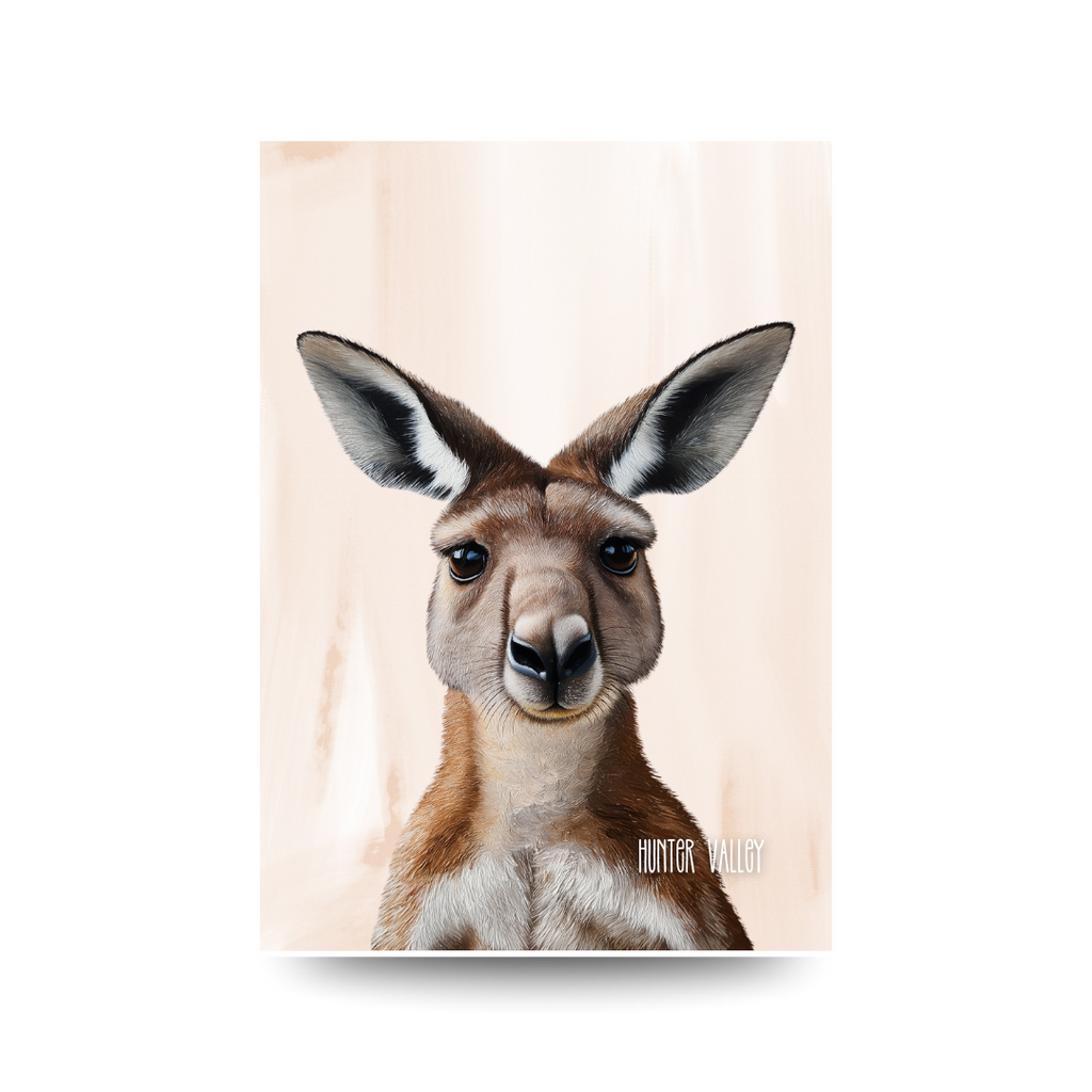 Poster of a kangaroo's face with 'Hunter Valley' text on a light background