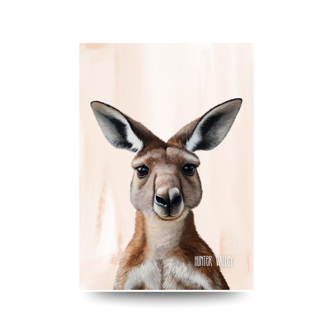 Poster of a kangaroo's face with 'Hunter Valley' text on a light background