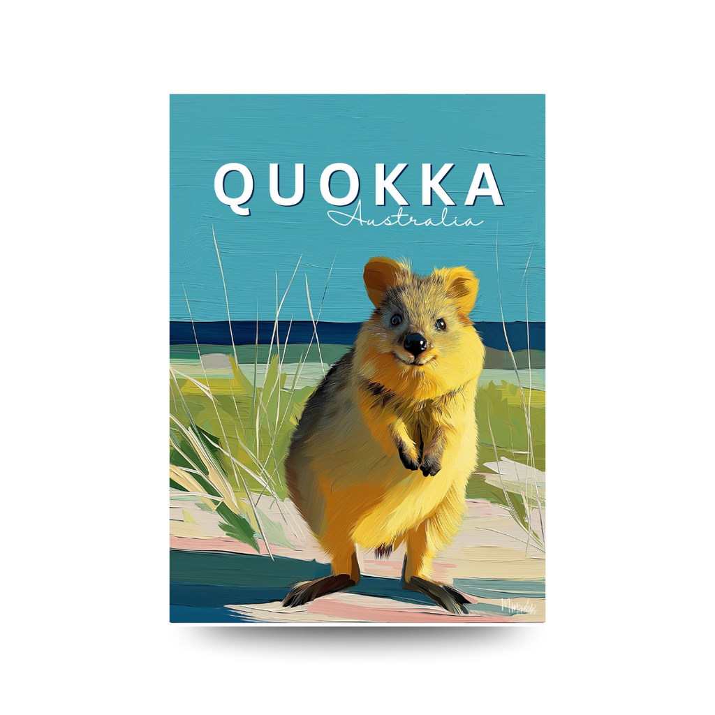 Illustrated travel poster of a smiling quokka on an Australian beach, text reads "QUOKKA Australia".
