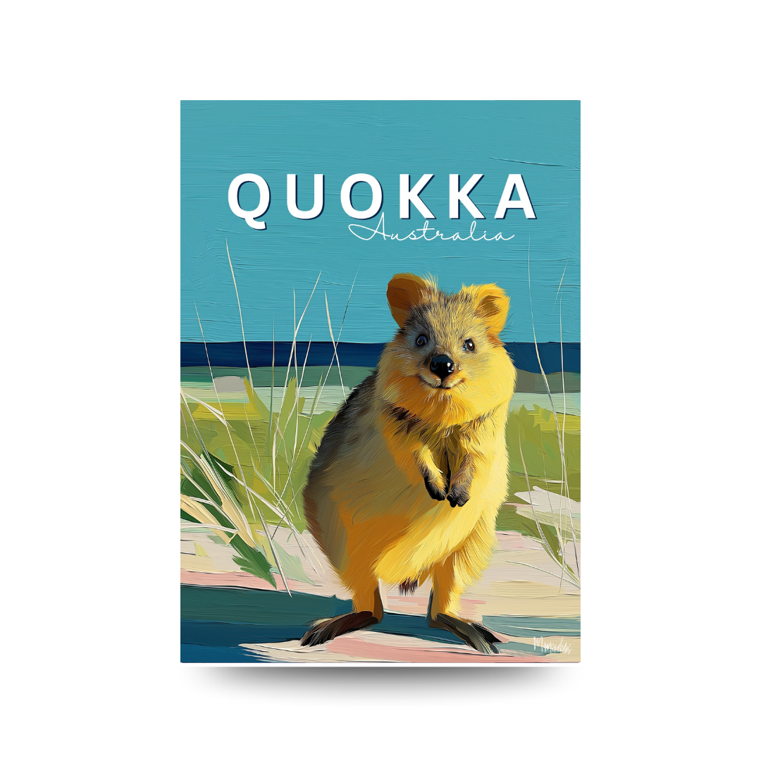 Illustrated travel poster of a smiling quokka on an Australian beach, text reads "QUOKKA Australia".