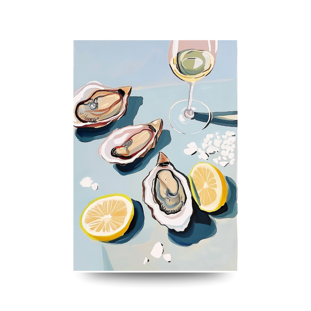 poster of oysters with lemon slices, piles of salt and a glass of wine on a light blue background