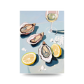 poster of oysters with lemon slices, piles of salt and a glass of wine on a light blue background