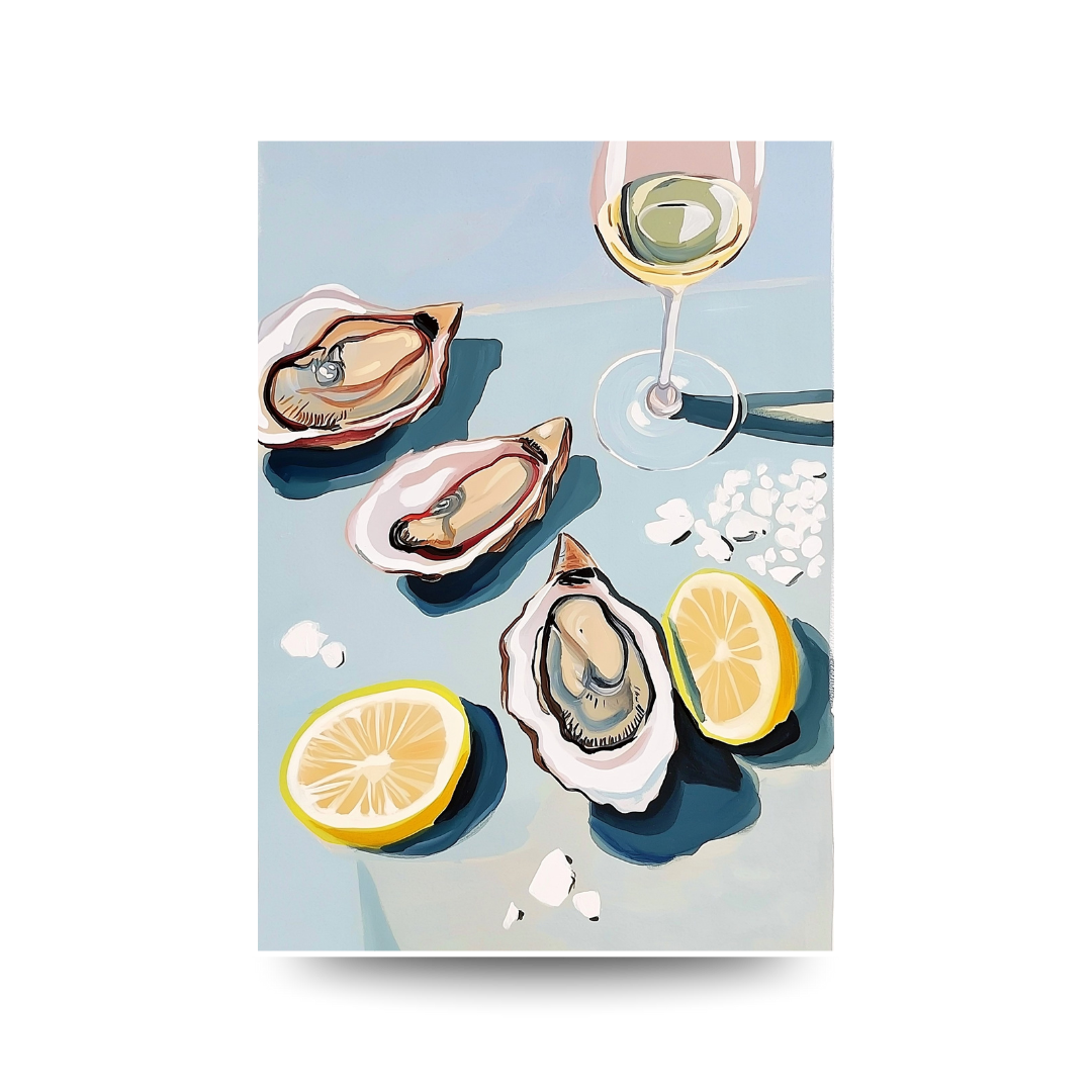 poster of oysters with lemon slices, piles of salt and a glass of wine on a light blue background