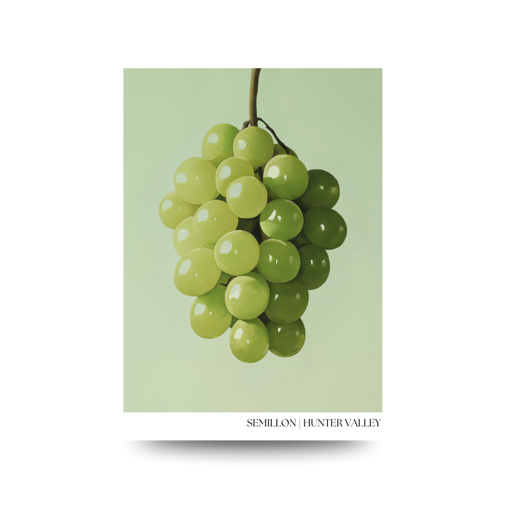Bunch of green grapes on a light green background with 'Semillon Hunter Valley' text.