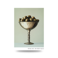 Decorative poster with a silver bowl filled with green olives on a light green background, featuring the brand 'Sevillano Hunter Valley'.