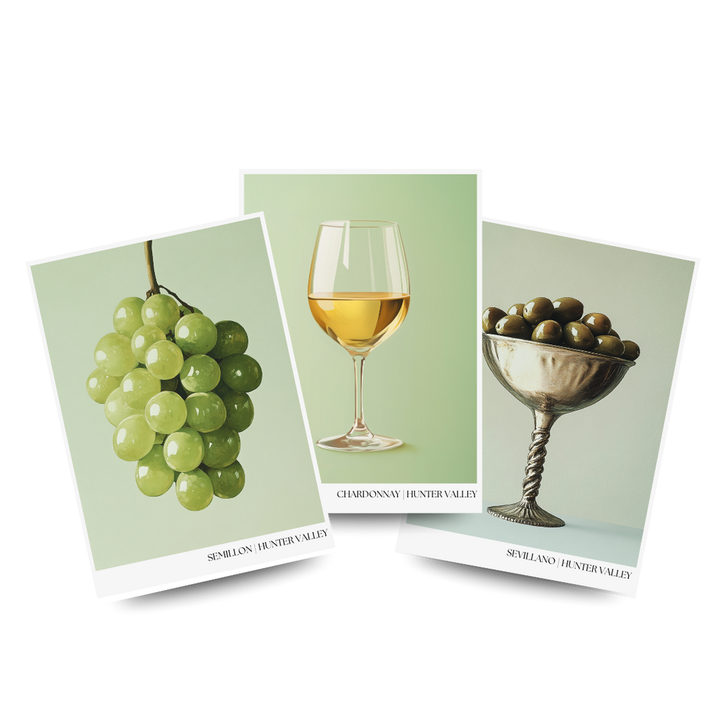 Three wine-themed posters featuring grapes, a glass of white wine, and olives on a light green background.