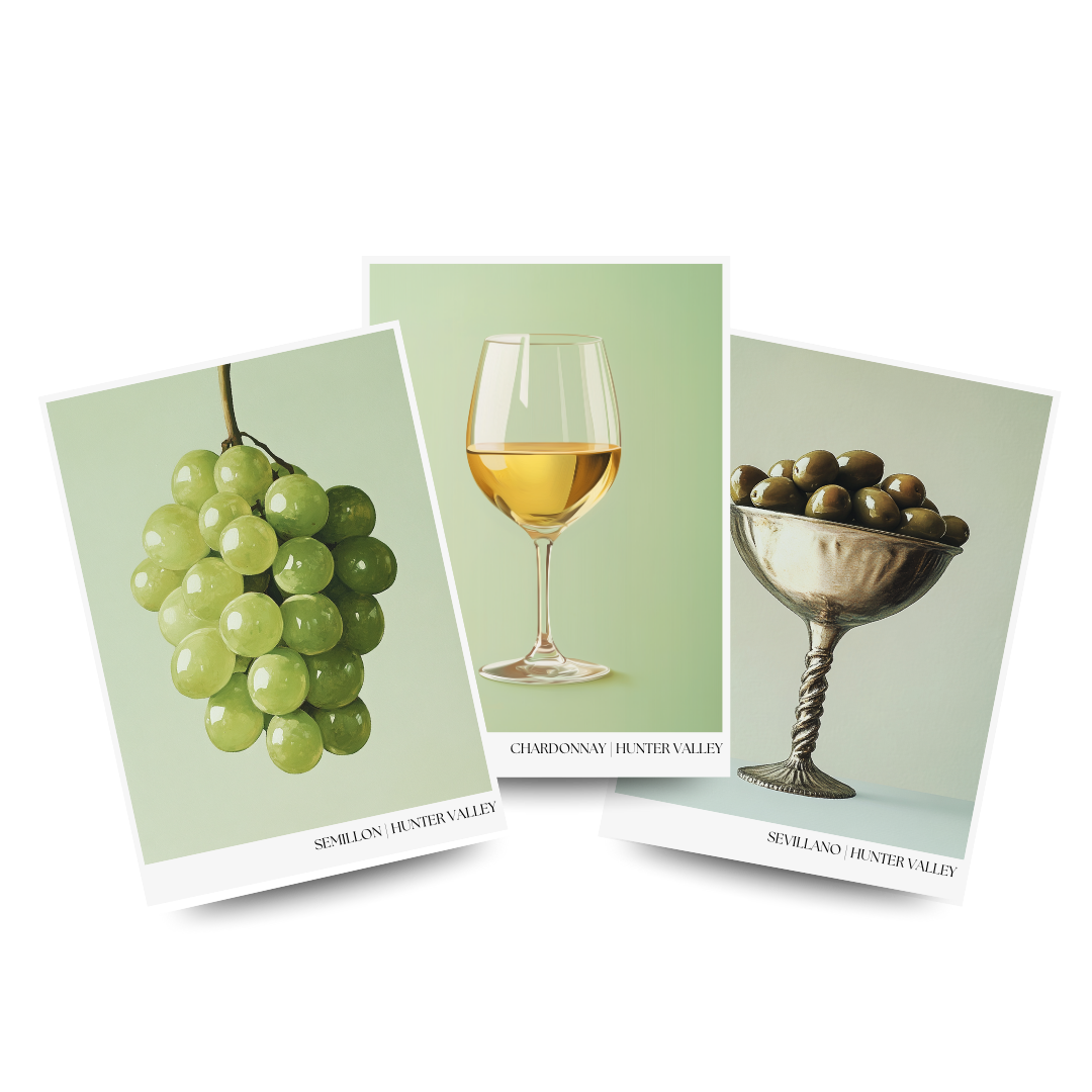 Three wine-themed posters featuring grapes, a glass of white wine, and olives on a light green background.