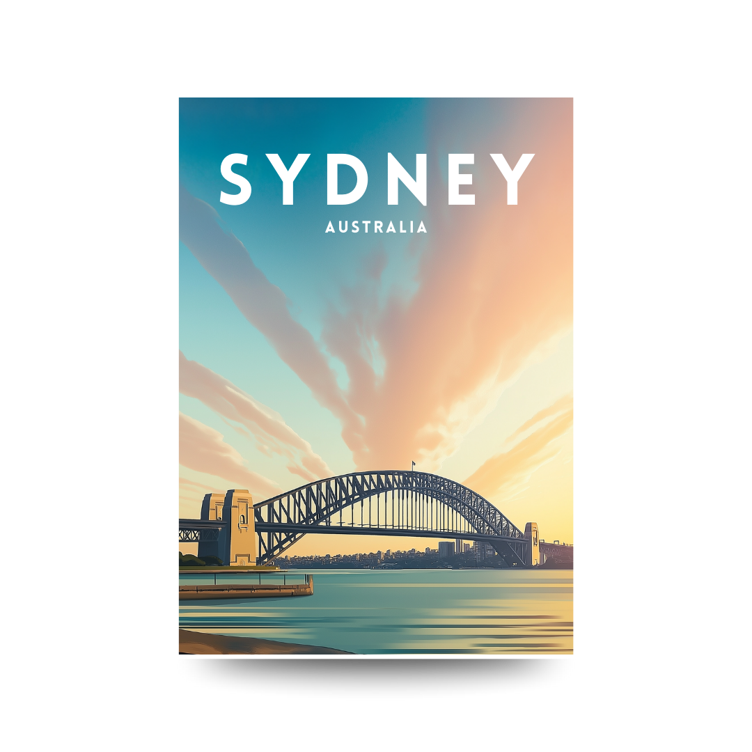 Poster of Sydney Harbour Bridge with 'Sydney Australia' text on a white background