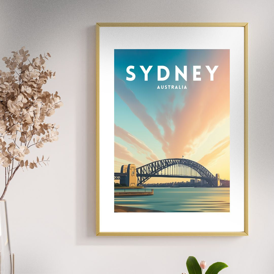 Framed artwork of Sydney Harbour Bridge with 'Sydney, Australia' text on a wall.