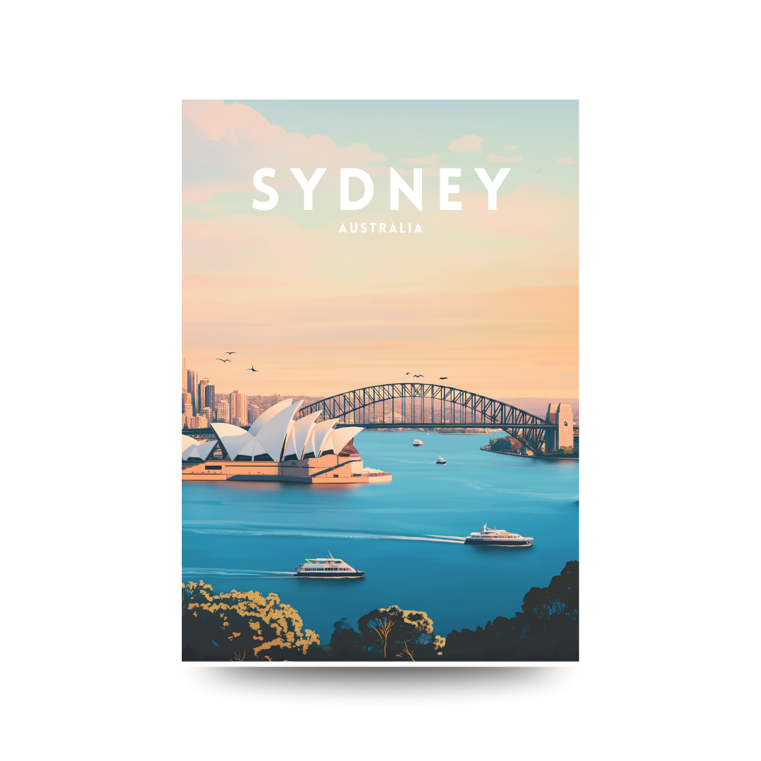 Poster of Sydney with the Sydney Harbour Bridge and Opera House.
