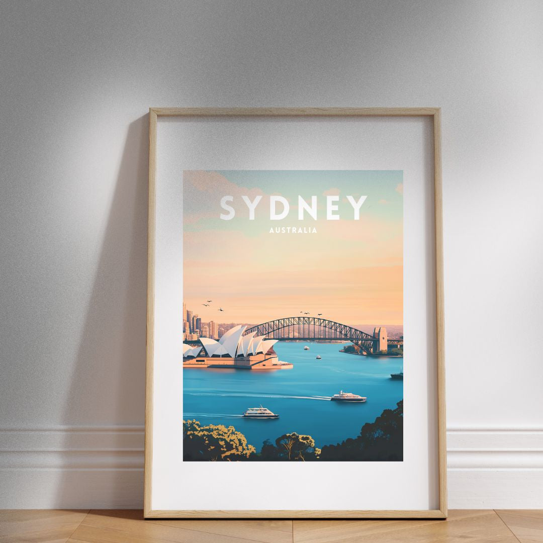 Framed poster of Sydney with the Sydney Harbour Bridge and Opera House.