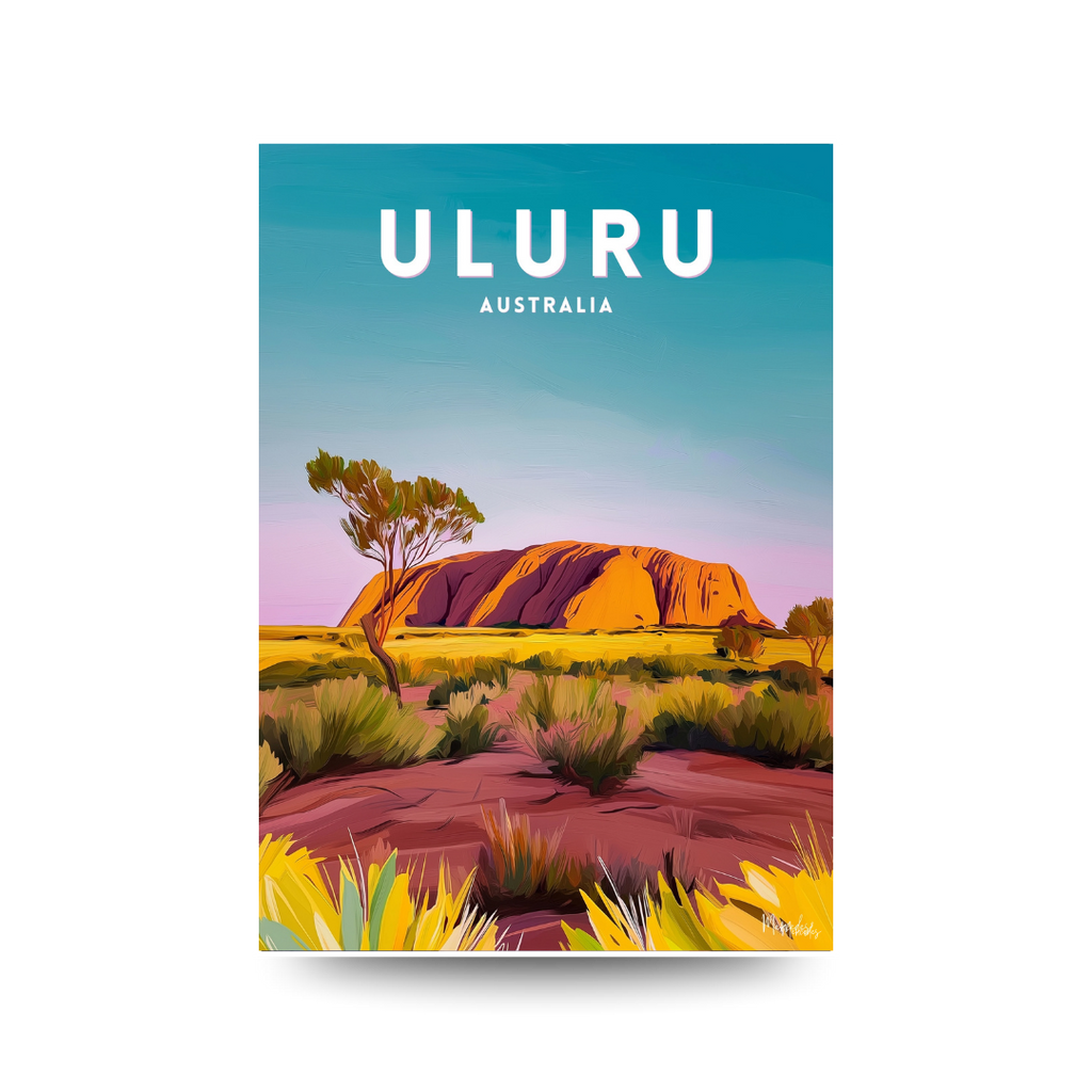 Poster of Uluru with a blue sky and green trees.