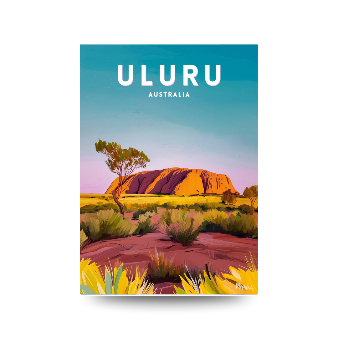 Poster of Uluru with a blue sky and green trees.