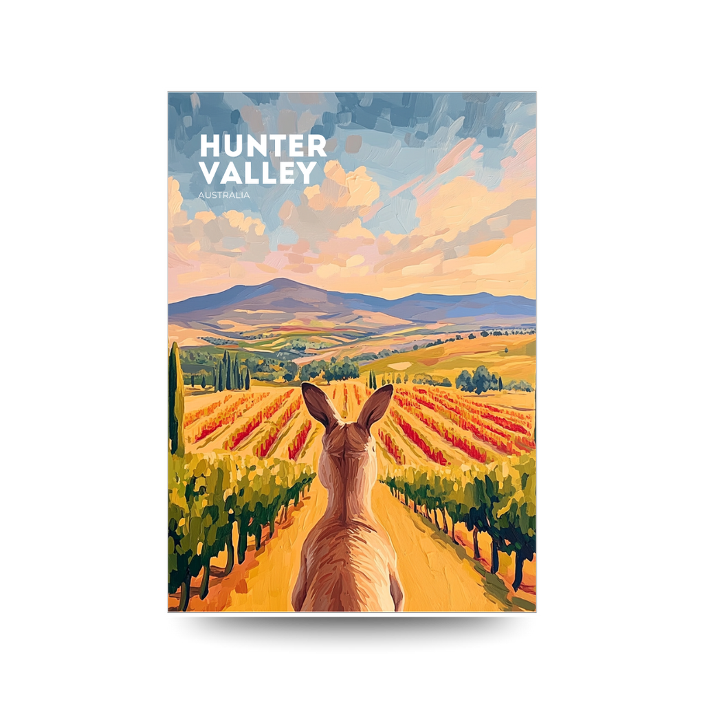 Poster of a kangaroo in Hunter Valley with vineyards and mountains.