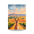 Poster of a kangaroo in Hunter Valley with vineyards and mountains.