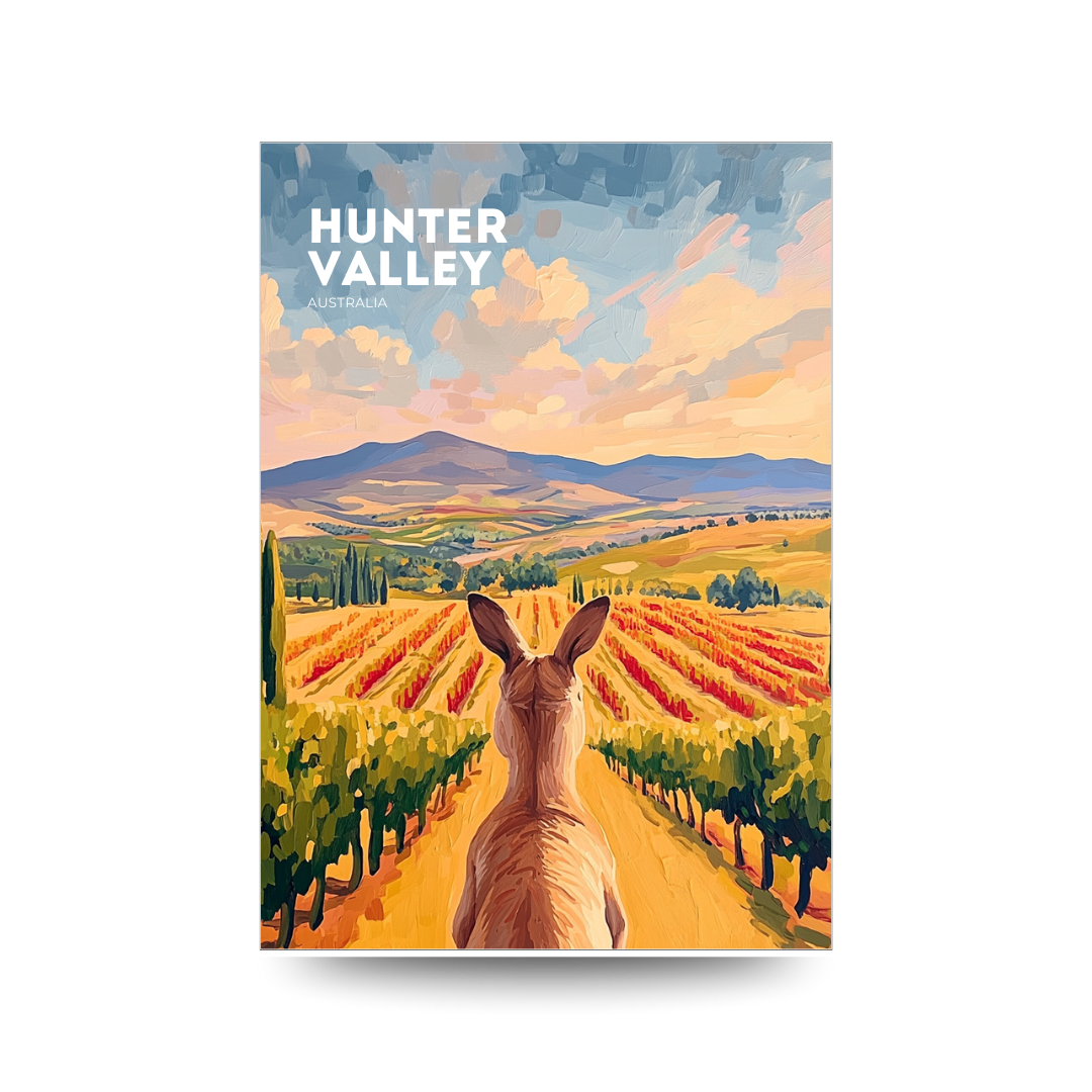 Poster of a kangaroo in Hunter Valley with vineyards and mountains.
