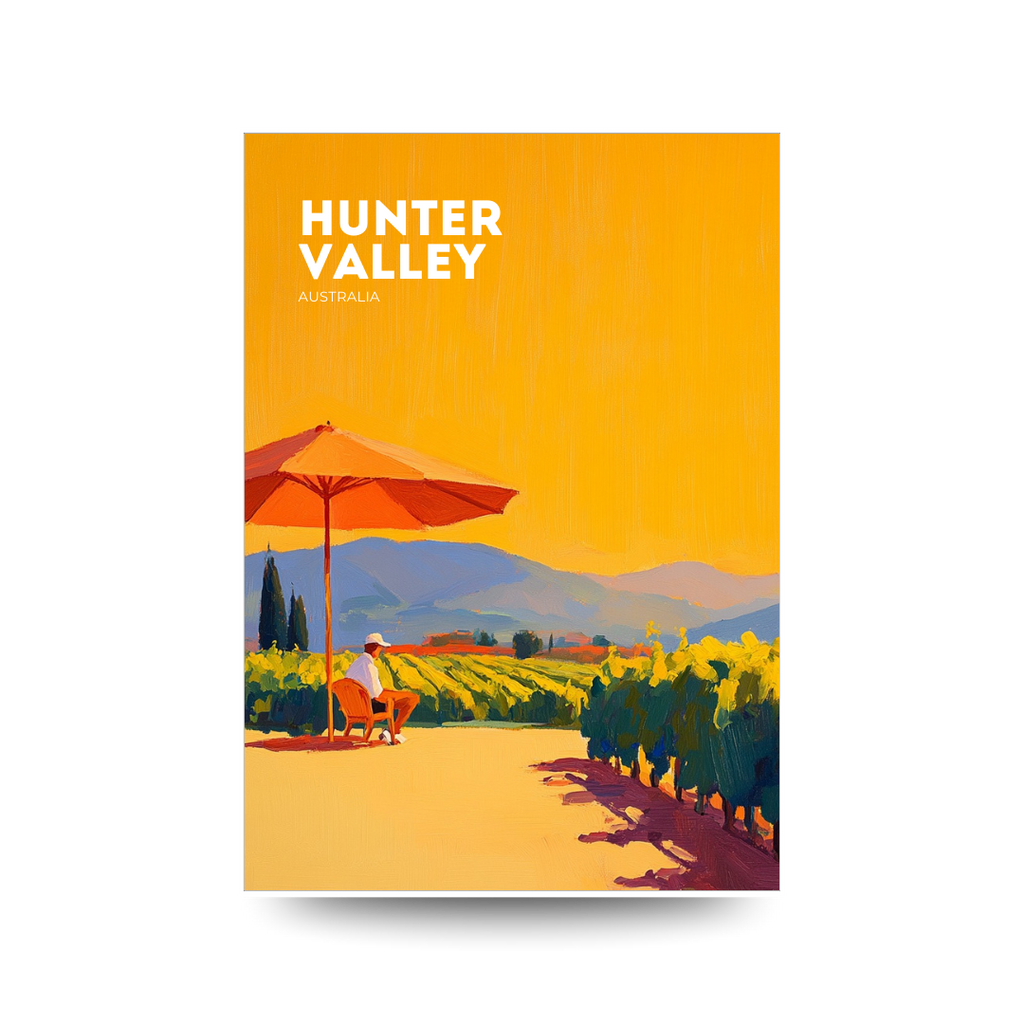Poster of Hunter Valley, Australia with a scenic vineyard and orange umbrella.